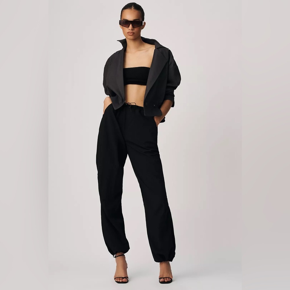 By Anthropologie Cropped Ruched-Sleeve Washed Black Cotton Moto Jacket EUC Sz XL - Picture 4 of 12